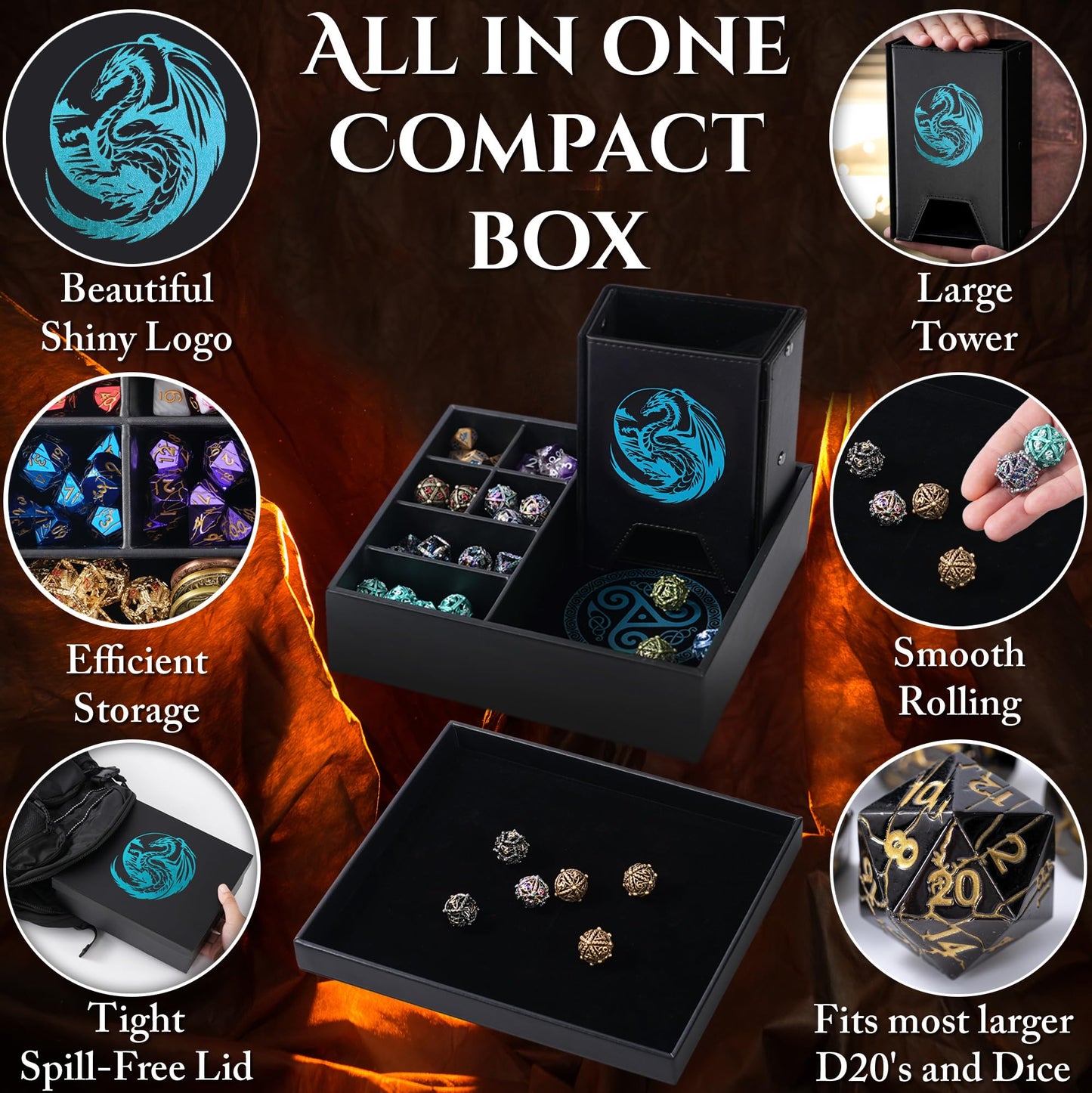 Soar Forge DND Dice Tray & Tower - Large Faux Leather Storage, Blue Dragon, Model SOARDR01