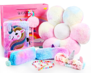 Coume Unicorn Gifts For Girls Age 6-8 Flower Rainbow Pillow Unicorn Diary Necklace Bracelet Headband Eye Mask Pen Bags For Girls