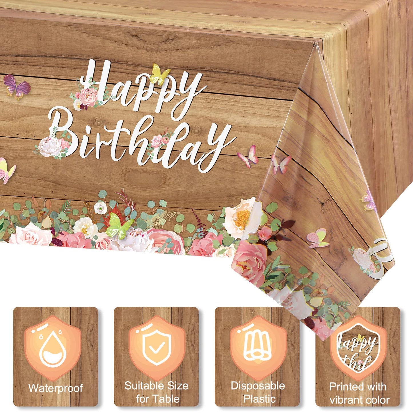 Floral Happy Birthday Tablecloths Cute Butterfly Wood Grain Table Cover Flower Birthday Disposable Tablecover Butterfly Floral P