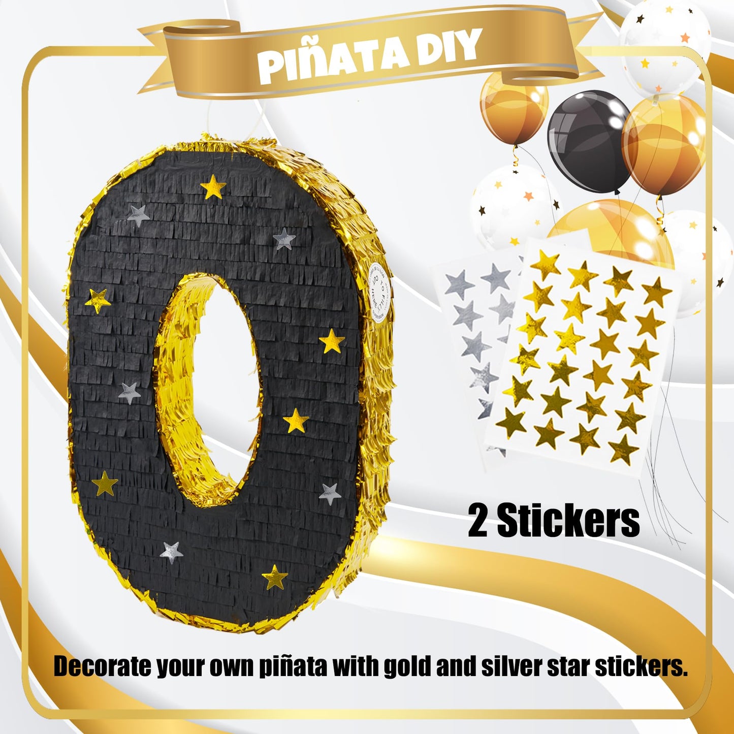 PCFING 20 Inch Number 8 Piata Gold Black with 30 Inch Piata Stick Blindfold Confetti for Man Women Kids Birthday Party Decoratio