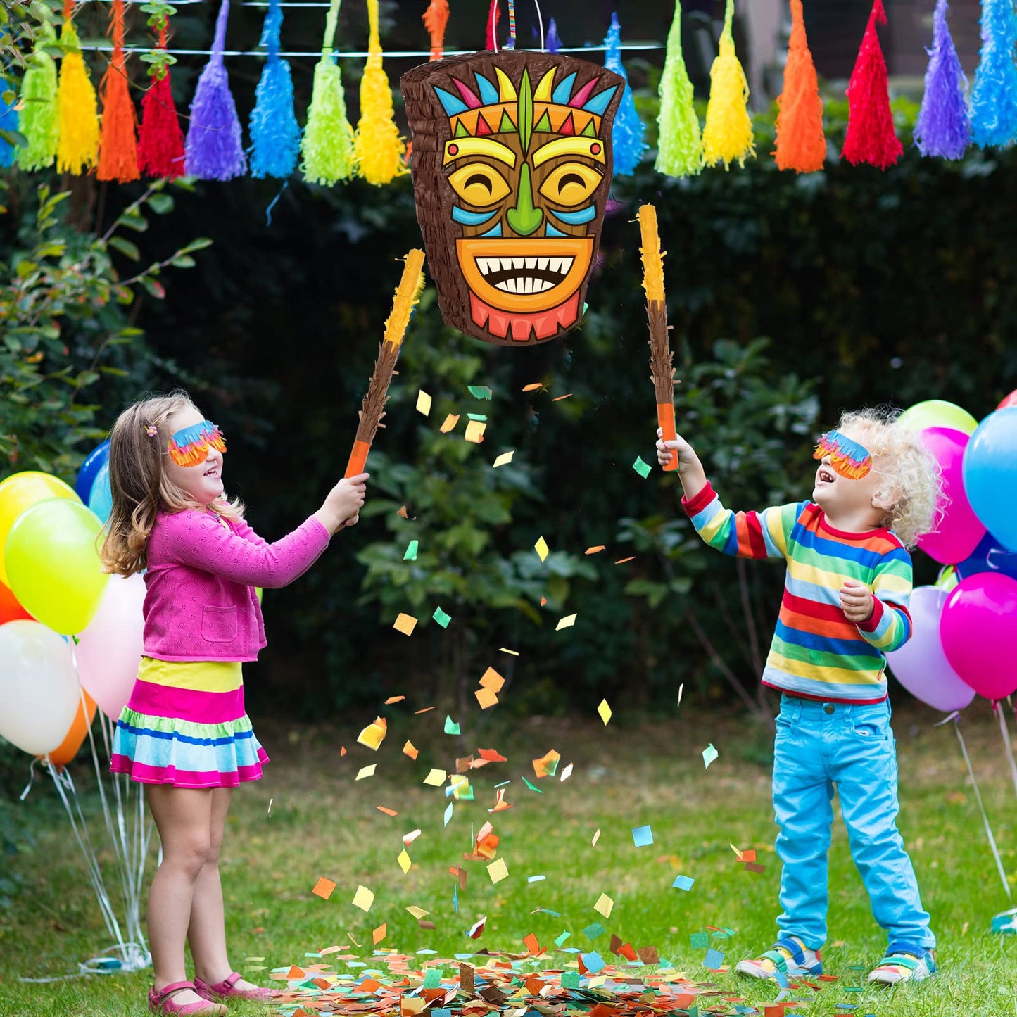 Threan Small Tiki Piñata Tropical Hawaii Piñata With Blindfold Bat Aloha Luau Piñata For Hawaiian Luau Themed Party Decoration Summer Birthday Party Supplies, 15.7 X 3.1 X 12.2 Inch