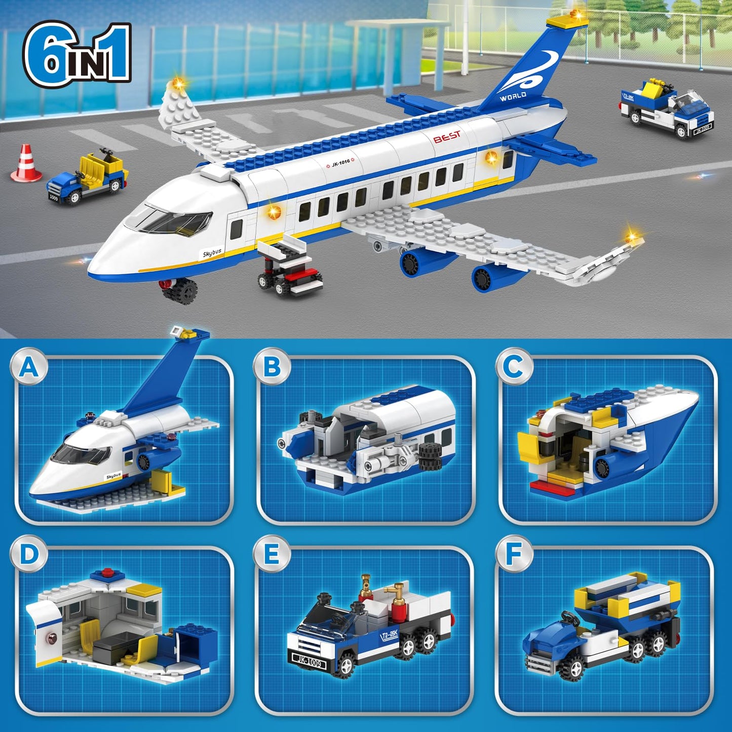 Wingift 491 Piece City Passenger Airplane Building Set, 6 In1 Airplane Bricks Toy-Airbus, Creative Building Projects With Shuttle Bus, Baggage Truck, Top Stem Toy For Boy And Girl Ages 6 7 8+