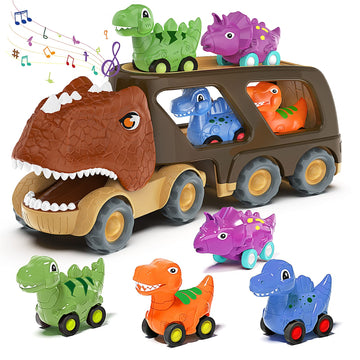 Veslier Dinosaur Car Toy for 2 3 4 5 Years Old Boys, Friction Power Carrier Truck with 4 Pack Small Pull Back Dino Car, Christma