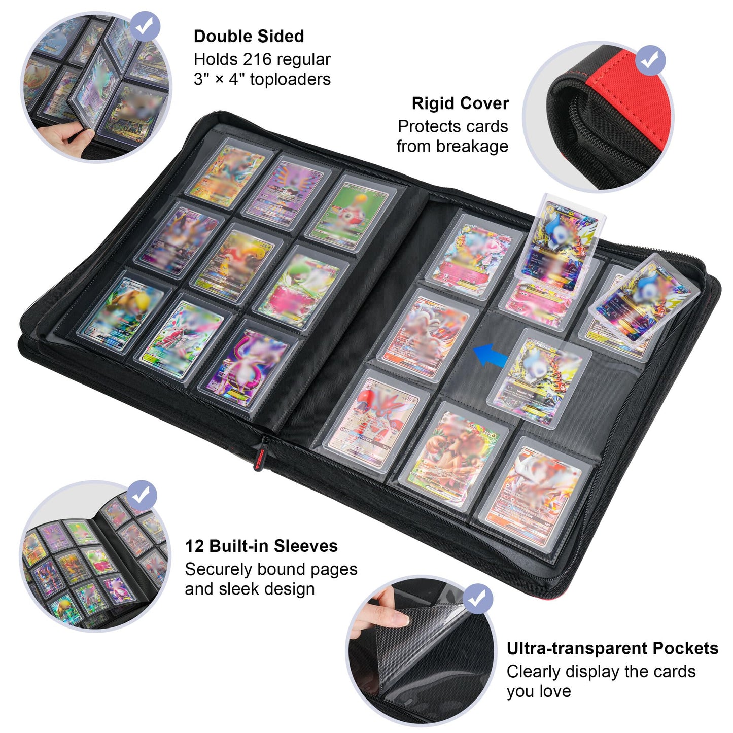 Preza Toploader Binder - Holds 216 Top Loaders - 9 Pocket Trading Card Storage With Double Sided Sleeves For Tgc And Sports 3 ''