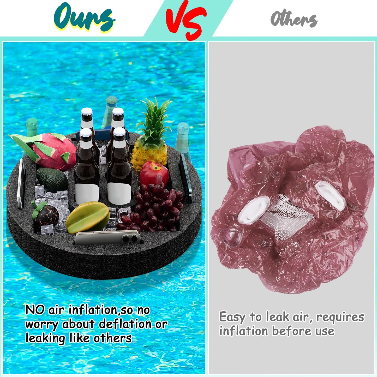 Qinyoung Large Floating Drink Holder Black Floating Refreshment Table Tray Compartment Portable Floating Pool Tray for Swimming