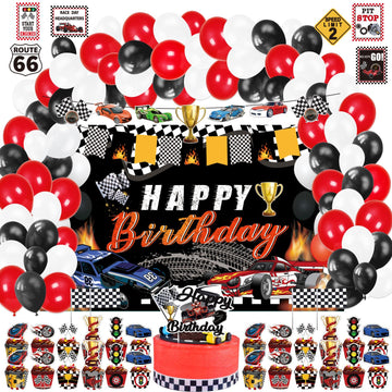 Mpanwen Race Car Birthday Party Supplies, 142 Pcs Racecar Racing Party Decorations For Boys Baby - Backdrop, Banner, Cake, And C