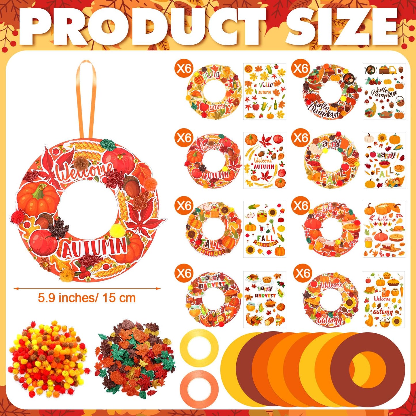 Hollowfly 48 Sets Autumn Wreath Craft Kits for Kids DIY Pumpkin Wreath Hanging Ornaments Make Your Own Paper Fall Craft with Sti