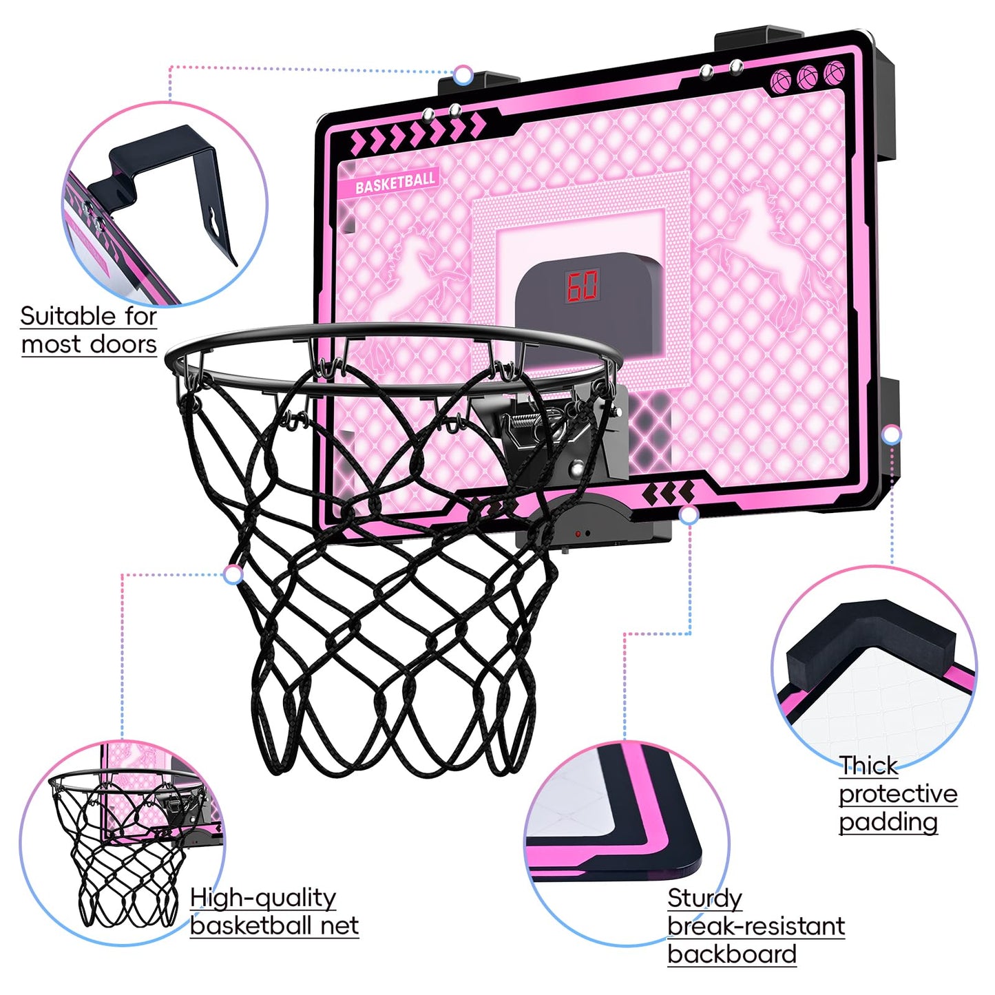 Indoor Basketball Hoop With Electronic Scoreboard And Led Light, Pink Over The Door Basketball Toy, For Kids Aged 4, 5, 6, 7, 8+