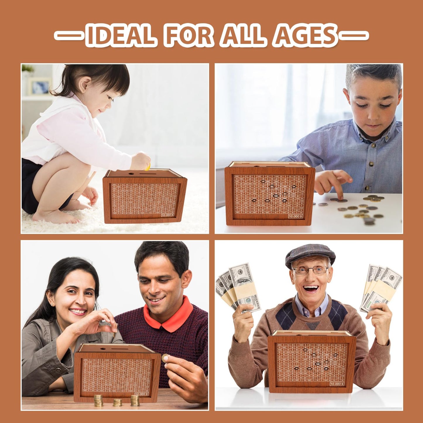 Wooden Savings Box With Money Target & Numbers - Perfect Cash Saver & Best Gift For Friends(10000 Dollar)