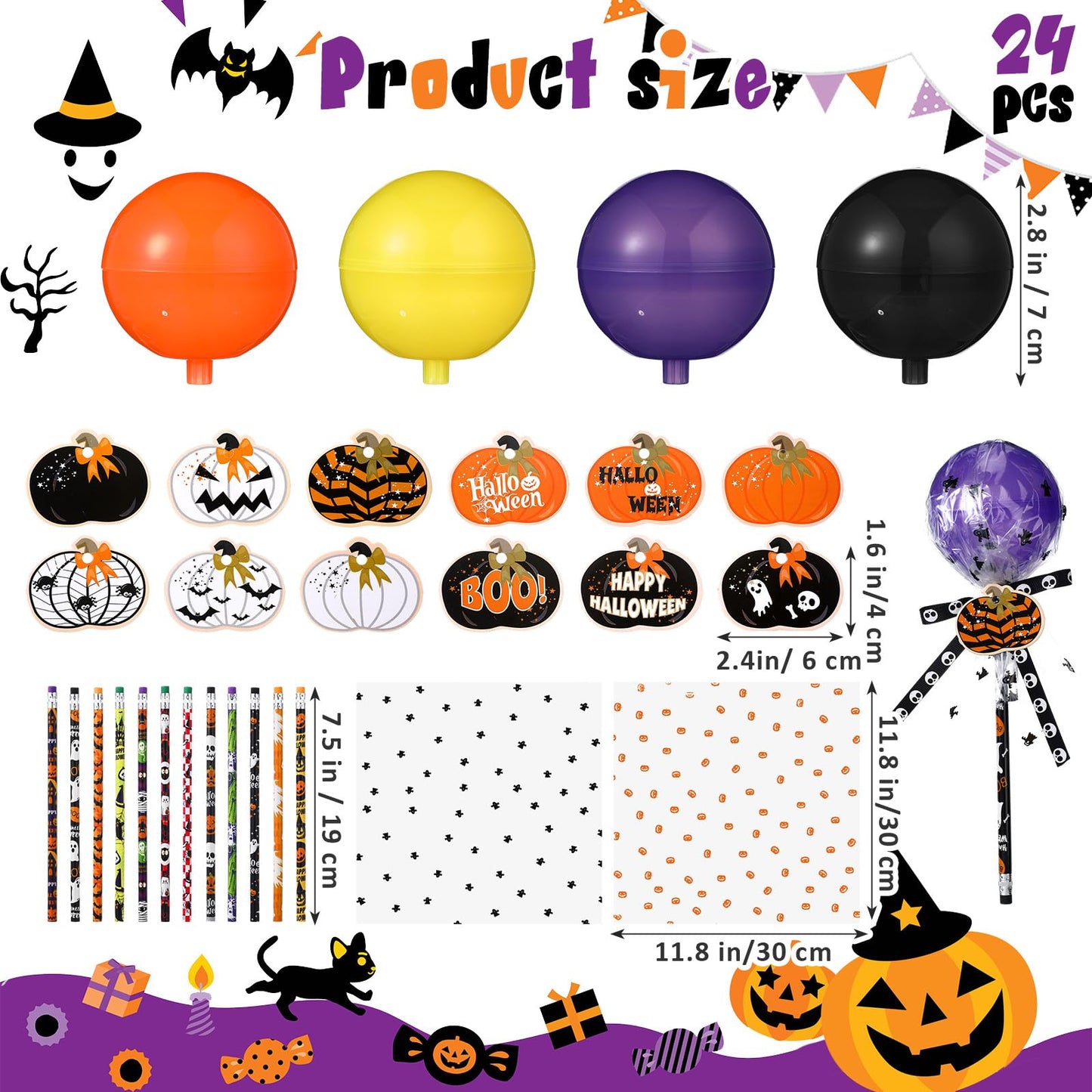 Simgoing 96 Pcs Halloween Party Favors Gift Trick or Treat Container Halloween Pencil Empty Giant Lollipop Stationery Candy Fill