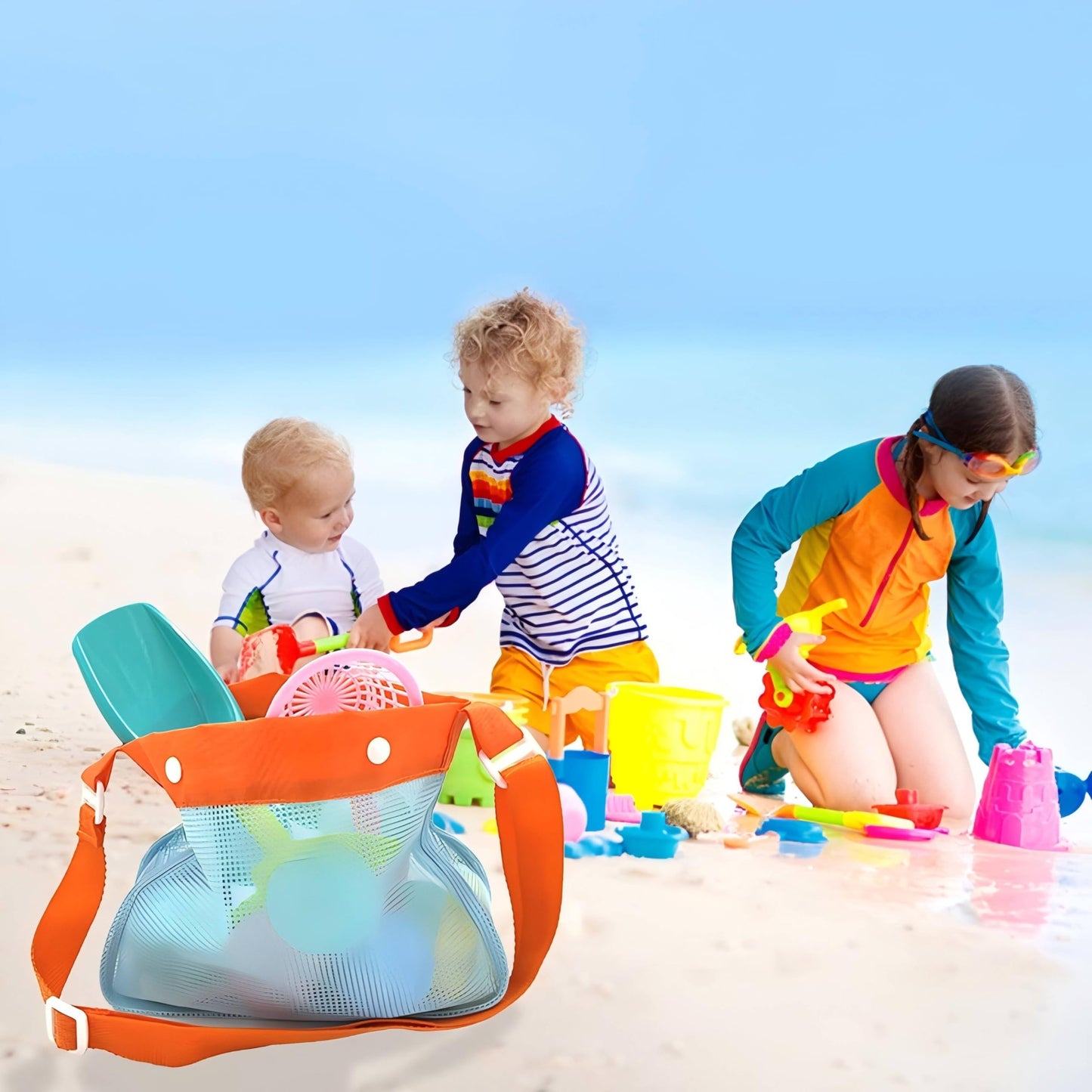 3Pcs Shelling Tools for Beach Include Beach Mesh Shovel, Sand Sifter with Extra Long Adjustable Handle and Mesh Beach Bag, Colle