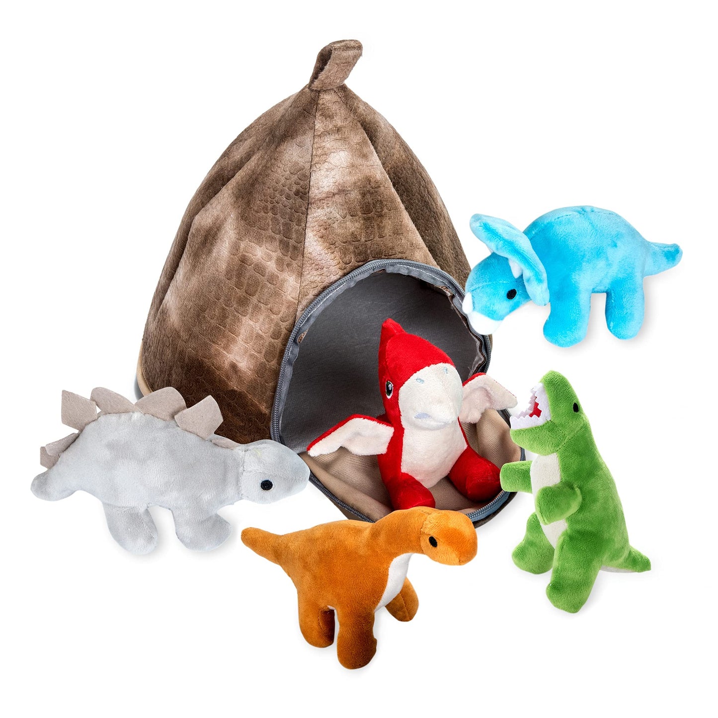 PASSIONFRUIT Dinosaur Stuffed Toy Set - 5 Plush Dinosaurs with Volcano Carry Bag - Bright, Vibrant Polyester Toys for Toddlers