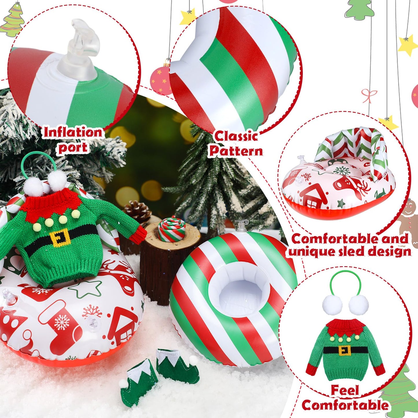 Cindeer 6 Pcs Christmas Elf Doll Accessories Set Includes Doll Clothes Sweater Ear Muffs Scarf Shoes Sleigh Snow Ring Set For 11.5 Inch Doll (Red Green Stripe)