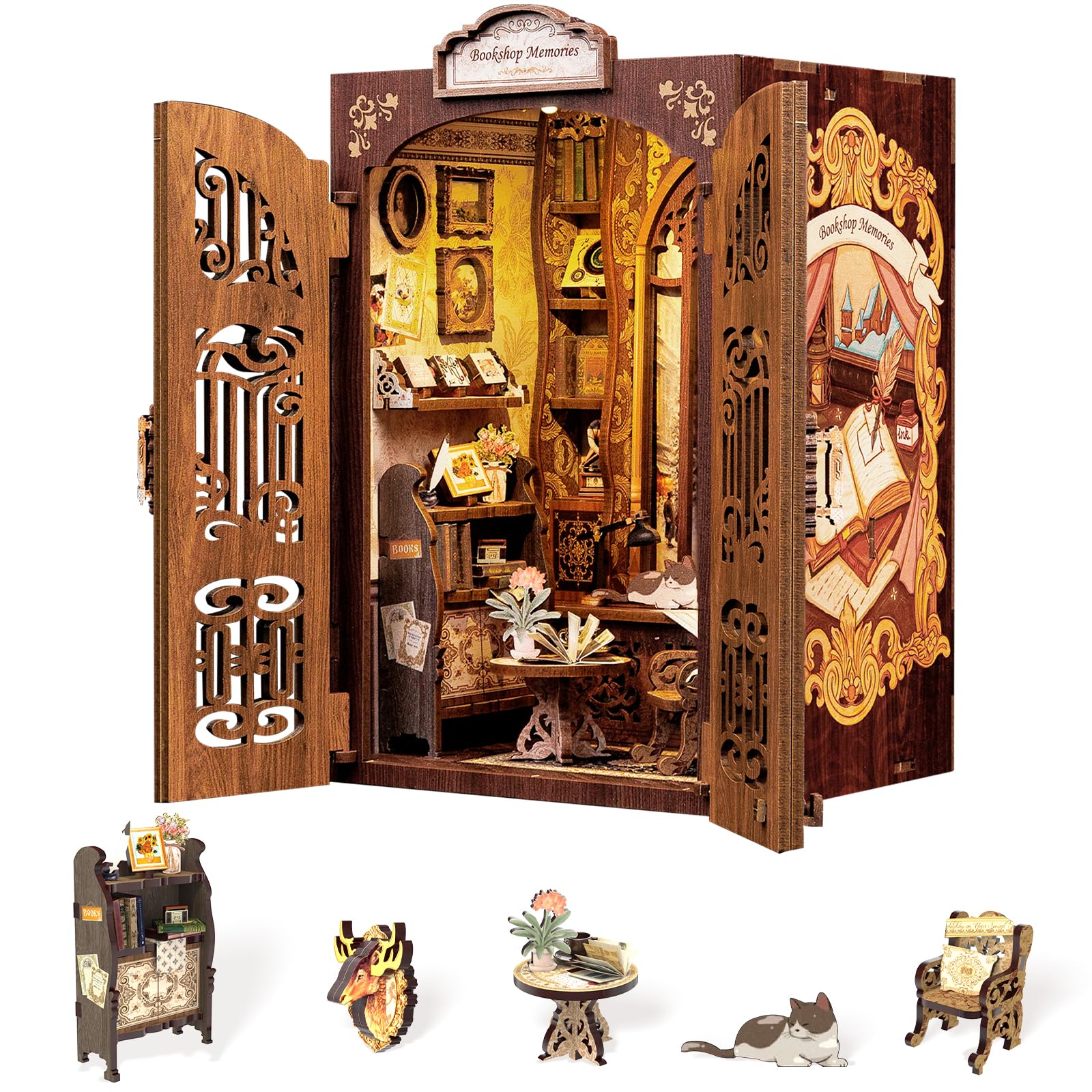 Fsolis Book Nook Kit, Diy Miniature House Room Kit For Adult Activity Mini Puzzle Booknooks Bookshelf Library Decor Gifts For Women Teenagers Craft Lovers(Bookshop Memory)