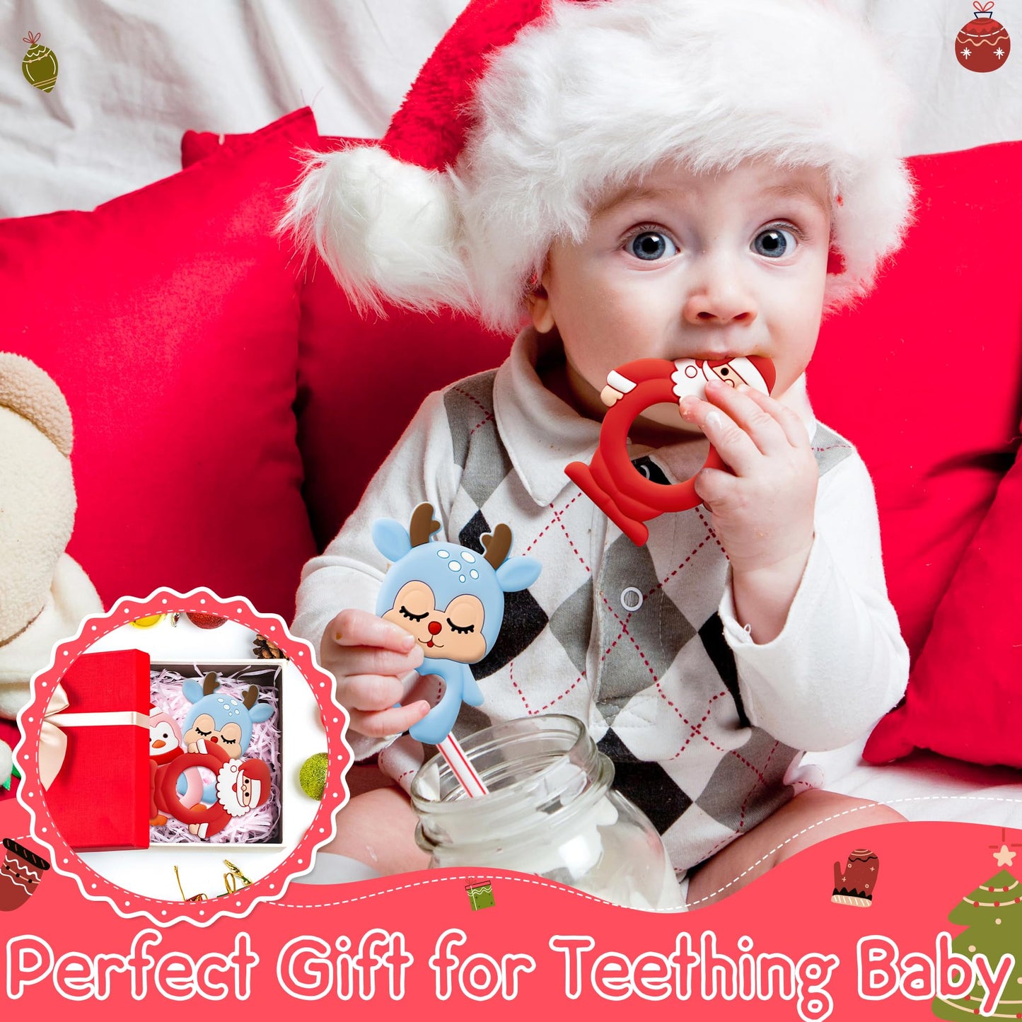 Christmas Silicone Teether for Babies - 2ooya 3Pcs Santa Penguin Deer Soothe Teething Chew Toy Infant Toddler Sore Gums Relief Teether Toy The First Christmas Gift Baby Shower for Newborn Boy Girl