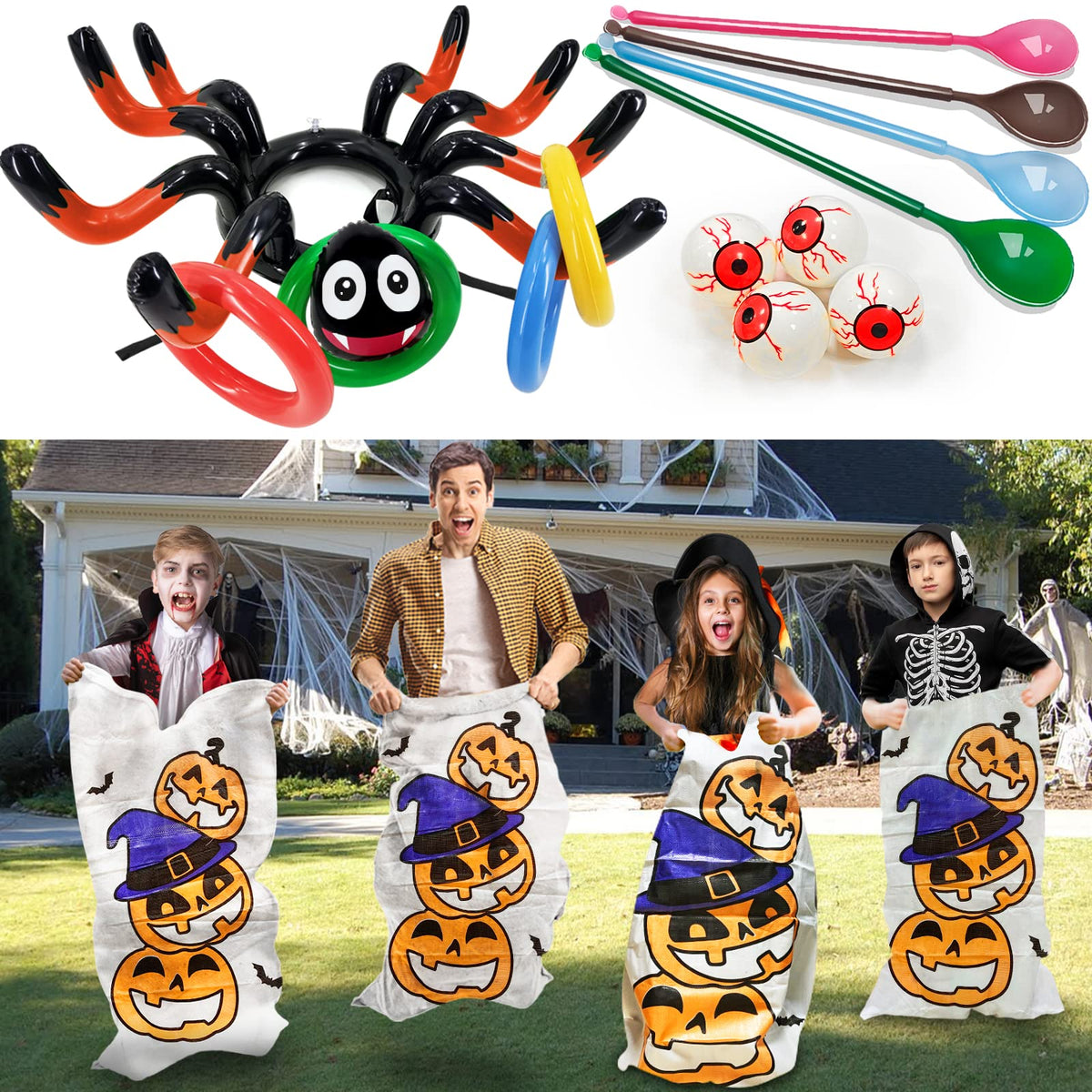 17 Pcs Halloween Party Games, 4 Potato Sack Race Bags, Inflatable Spider Ring Toss Game, 4 Eyeballs And Spoon Race Game For Kids