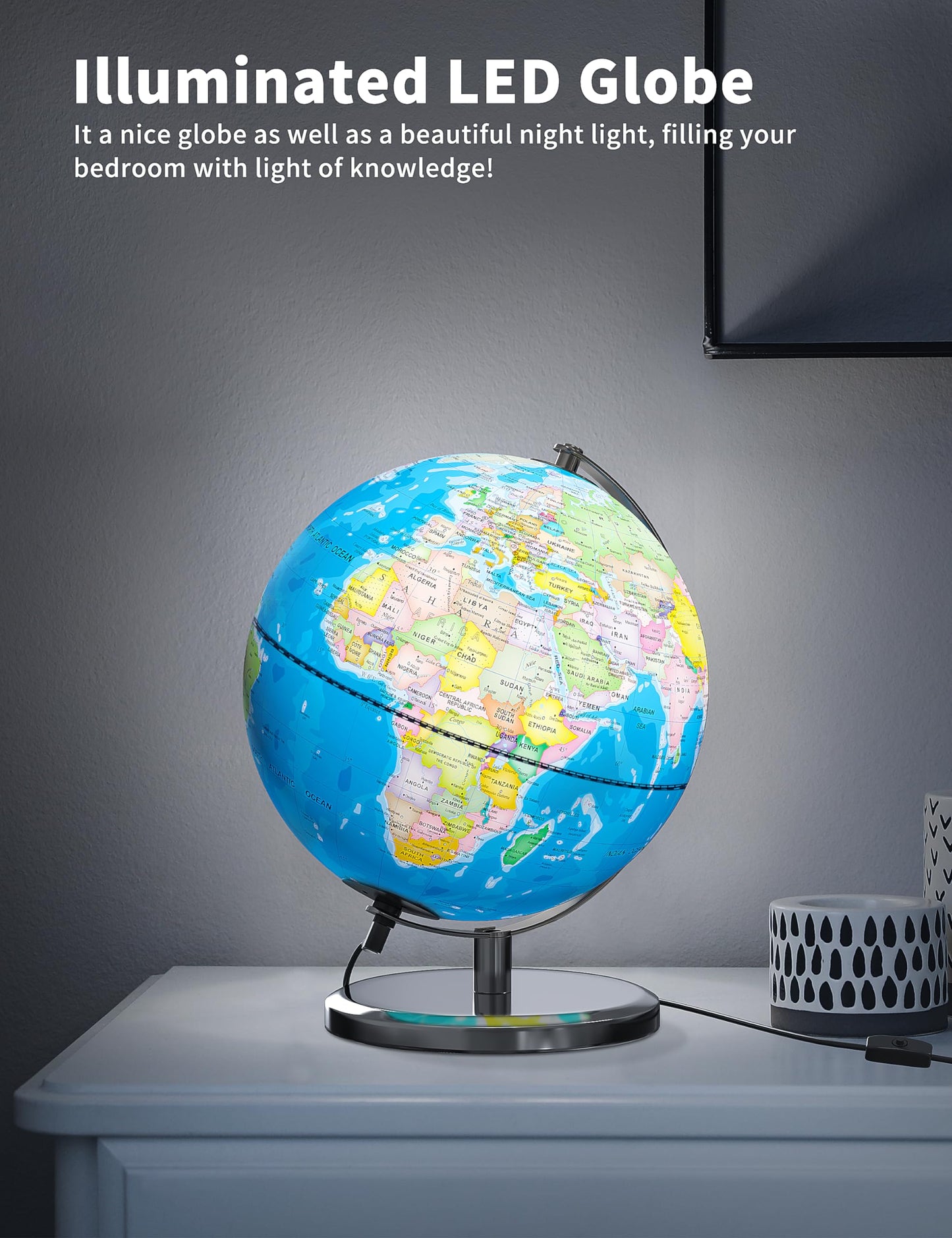 Waldauge 9'' Illuminated World Globe With Stand, Educational Globes For Kids Learning, Colorful Hd World Map Details, Led Globe