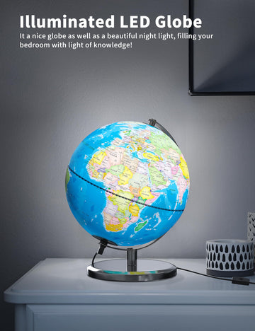Waldauge 9'' Illuminated World Globe With Stand, Educational Globes For Kids Learning, Colorful Hd World Map Details, Led Globe