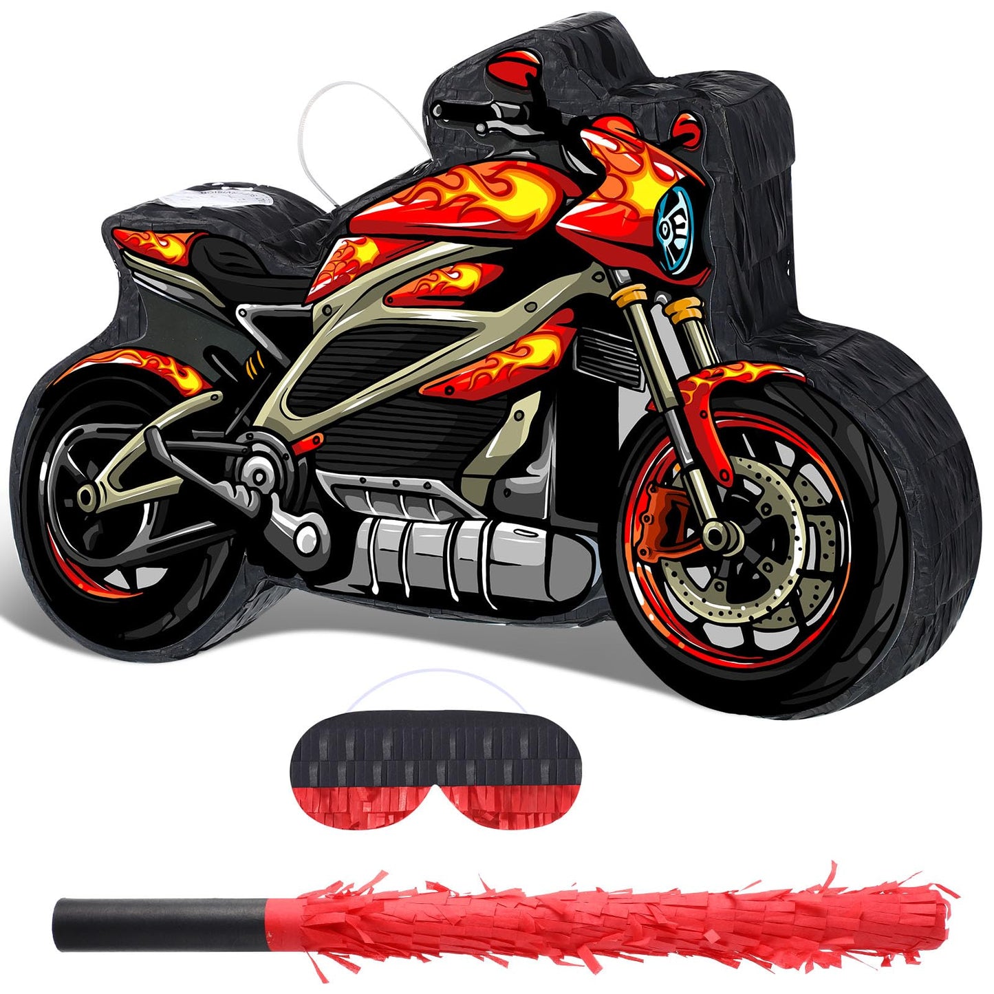 Shappy 3D Train Piñata Red Motorcycle Piñata Small Race Car Piñata With Blindfold Stick Confetti Railroad Bike Car Piñata For Racing Theme Birthday Party Decorations Supplies(Redmotorcycle)