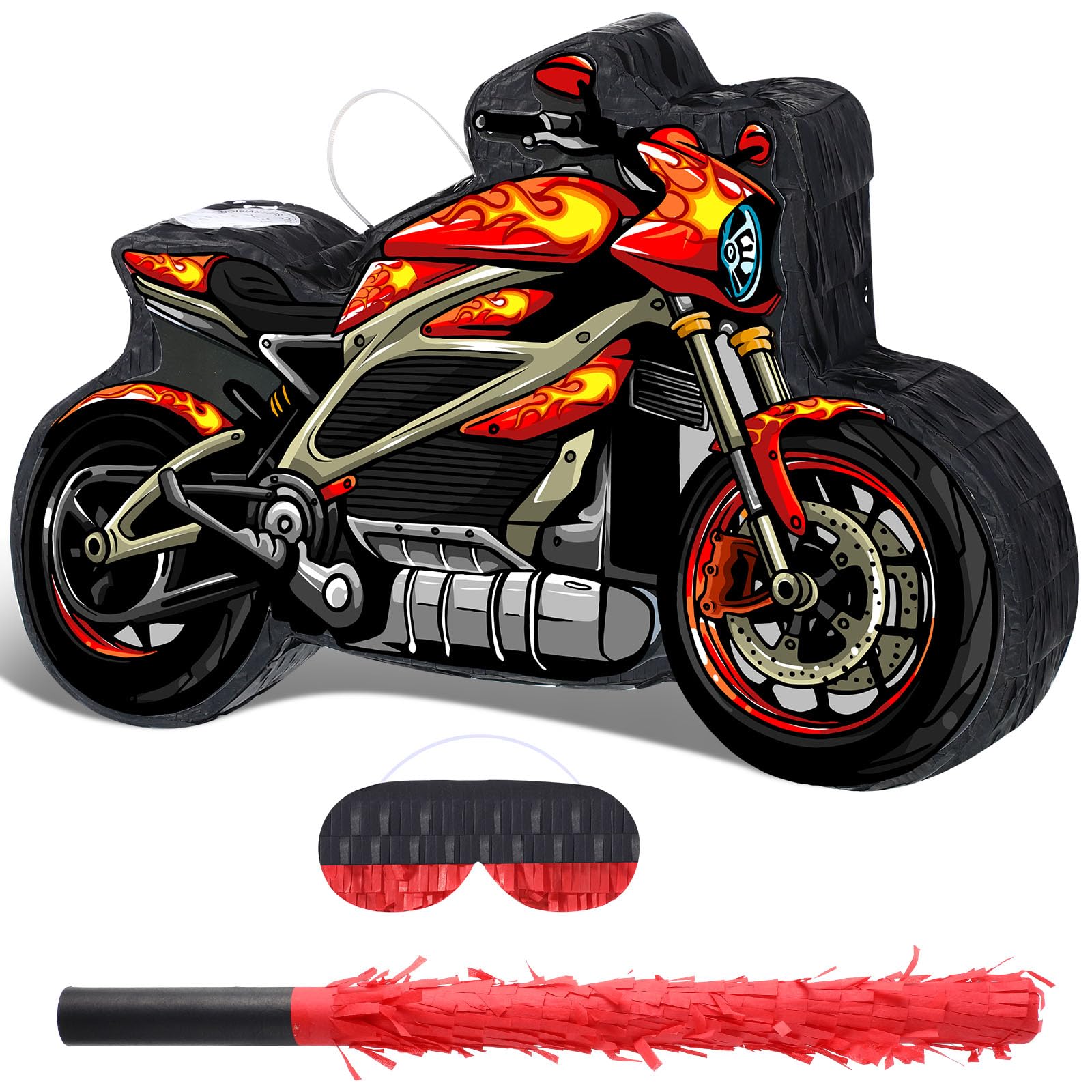 Shappy 3D Train Piñata Red Motorcycle Piñata Small Race Car Piñata With Blindfold Stick Confetti Railroad Bike Car Piñata For Racing Theme Birthday Party Decorations Supplies(Redmotorcycle)