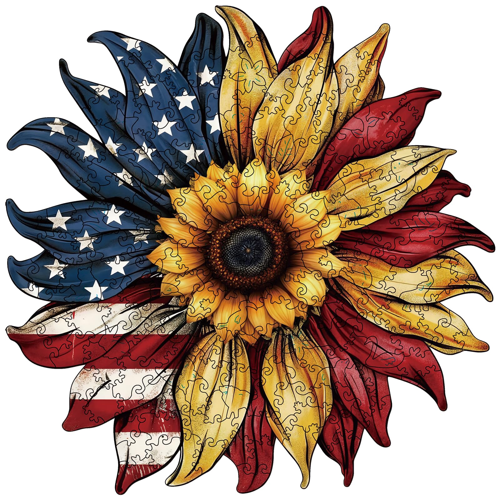 American Flag Sunflower Wooden Puzzles for mature-themeds  200pcs Wooden Jigsaw Puzzles for mature-themeds  American Flag Unique Shaped Jigsaw Puzzles Creative Gift for Friend Family Game Medium Size 10.6'' x 10.6''