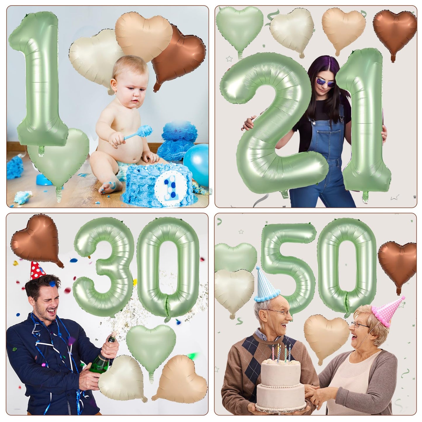 Biapian 40 Inch Sage Green Number 3 Balloons, Gaint Number 3 Balloon With 18'' Retro Foil Heart Balloons Helium For Neutral Boys