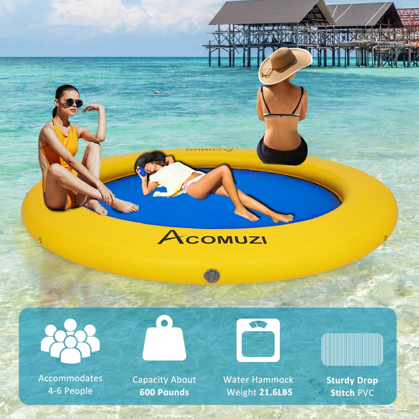 ACOMUZI 8FT Inflatable Water Hammock Float, Heavy Duty Pool Raft, Yellow Blue