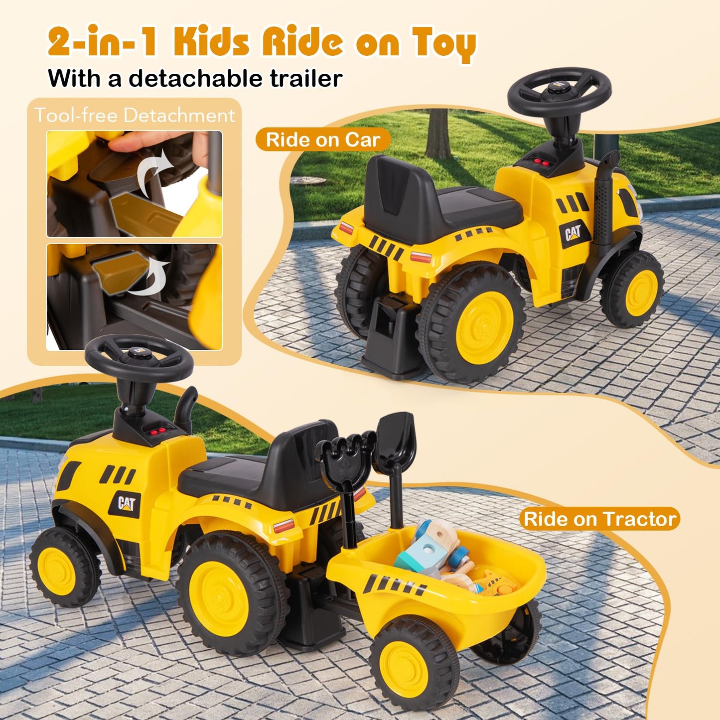 Costzon Kids Ride-On Tractor, 2-in-1 Push Car with Detachable Trailer, Yellow & Black, Large, Polypropylene, No Power