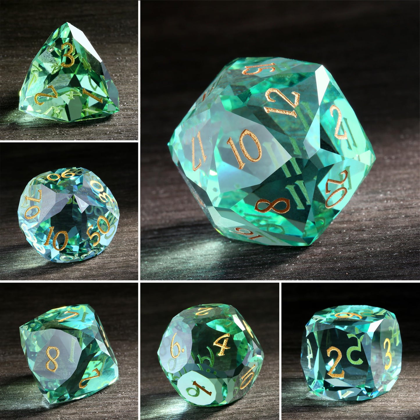 DNDND 7-Piece Glass Dice - Multifaceted Colorful DND Dice, Tabletop Gaming, Collectors | Premium Gift Box & Durable Design (Gree