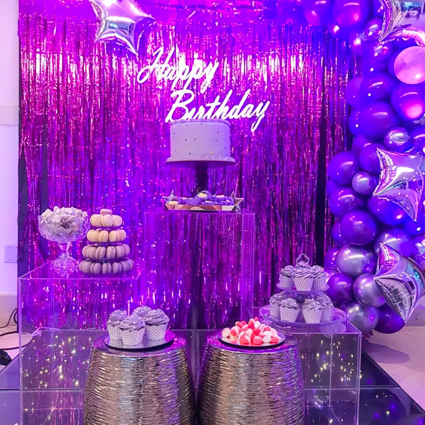 PartyWoo 2 pcs Purple Foil Fringe Curtain, Metallic Tinsel Fringe Backdrop Door Fringe, Purple Streamers Backdrop for Mermaid Bi