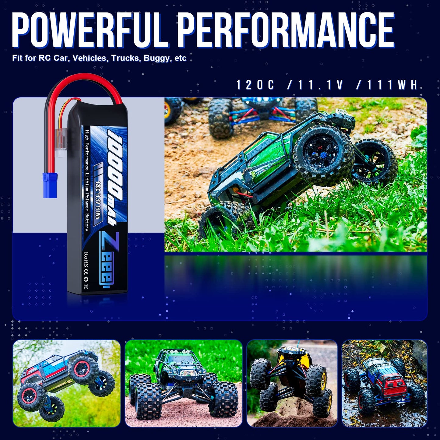 Zeee 3S Lipo Battery 10000mAh 11.1V 120C with EC5 Connector Soft Case RC Battery for RC Car Truck Tank Racing Hobby Models (2 Pa