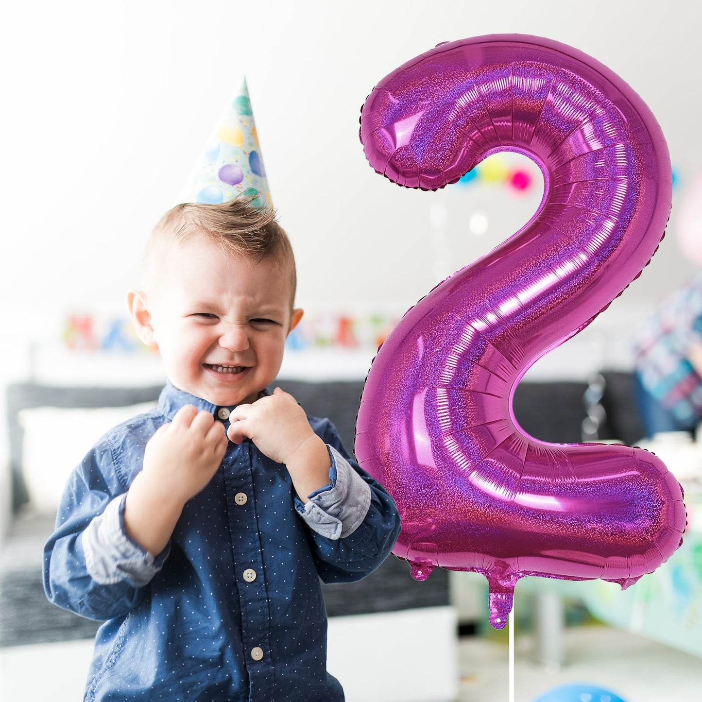 Number 2 Balloons, 40 Inch 2Nd Birthday Foil Balloon Laser Hot Pink Decor, Big Self Inflating Helium Dark Pink Two Balloon Numbe
