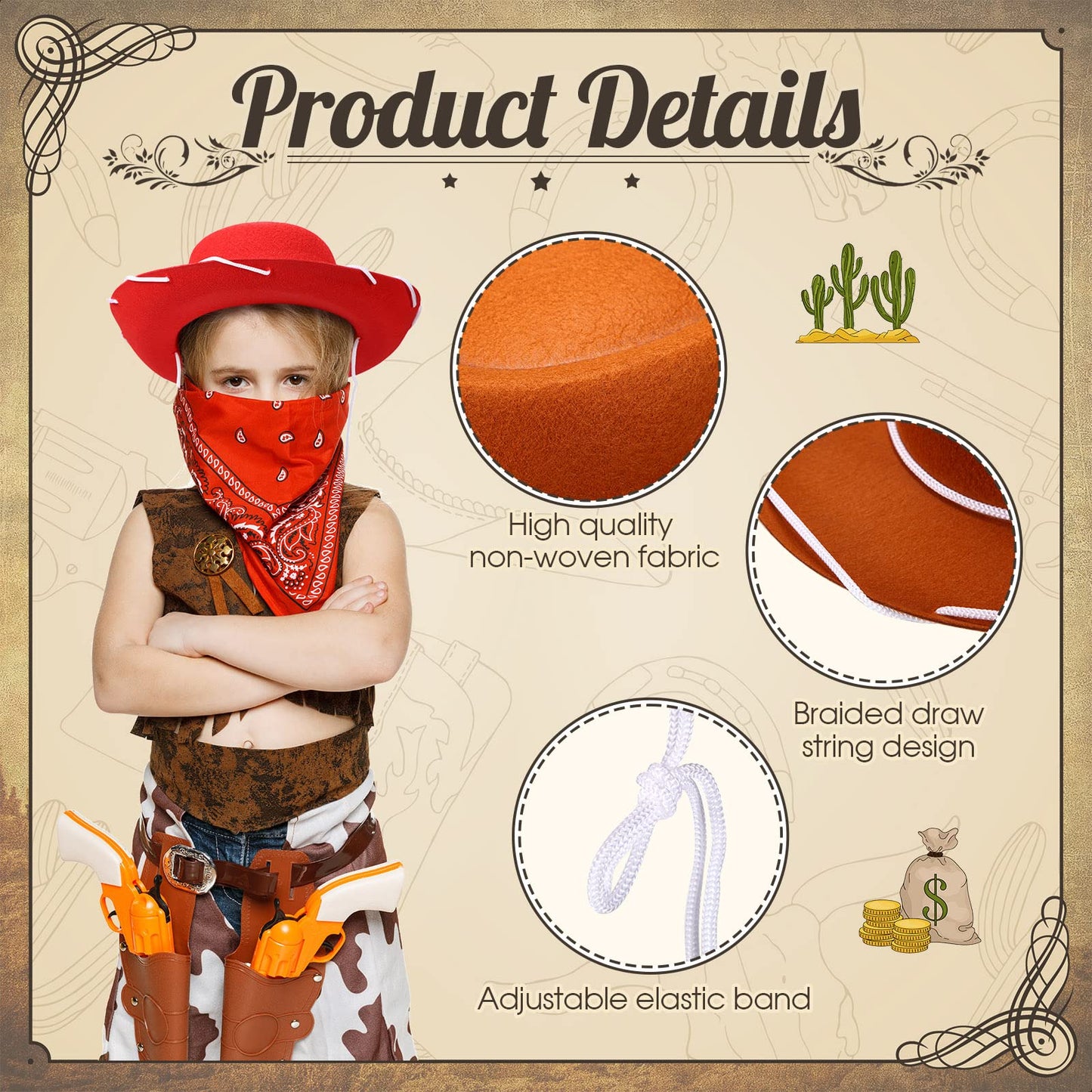 Unittype 18 Sets Cowboy Hats and Bandanas Bulk Kids Western Cowboy Costume Accessories Kids Party Supplies(Brown, Red, Blue)