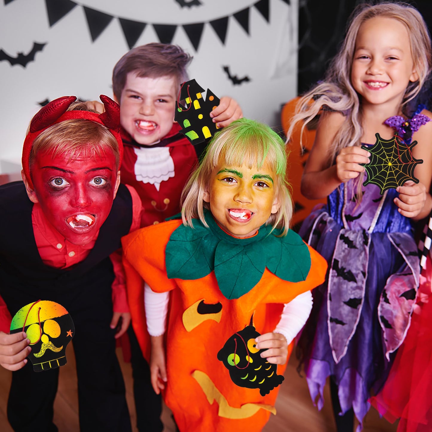 ArtCreativity Halloween Crafts (Bulk) - Scratch Art for Kids, 60 Sets with 60 Designs, 60 Sticks & Red Strings - Magic Colorful