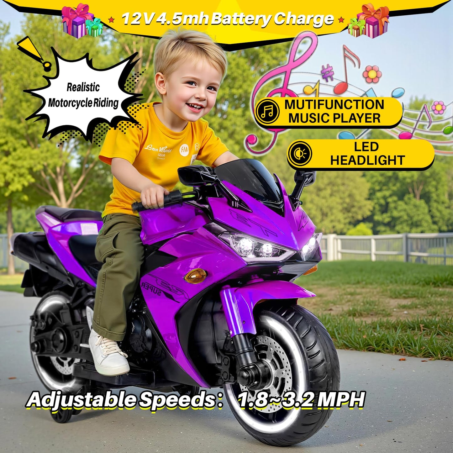 Blitzshark 12V Electric Motorcycle  Kids Motorcycle with Training Wheel  7AH Battery Ride On Motorbike For Kids 3.2 MPH Max Speed  Twist Grip Throttle  Brake Pedal  Soft Tires  Extra Long Seat  Purple