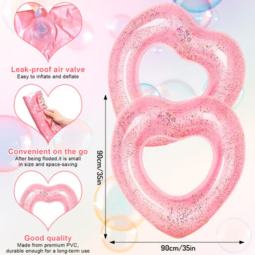 Whaline 3Pcs Inflatable Heart Pool Float With Glitter Inside Rose Gold Swim Pool Rings Float Loungers Tube For Summer Pool Beach