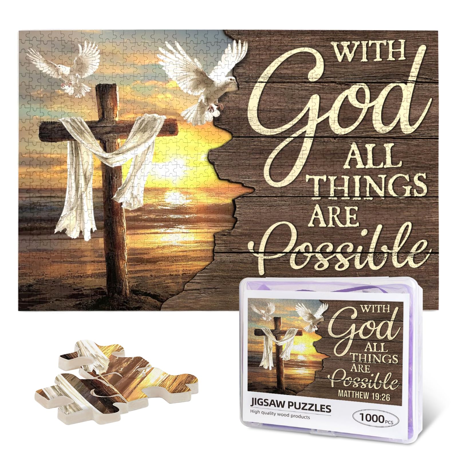 Christian Jigsaw Puzzles 1000 Pieces for Adults, Ocean Cross & Matthew 19:26 with God All Things are Possible, Inspirational Bea