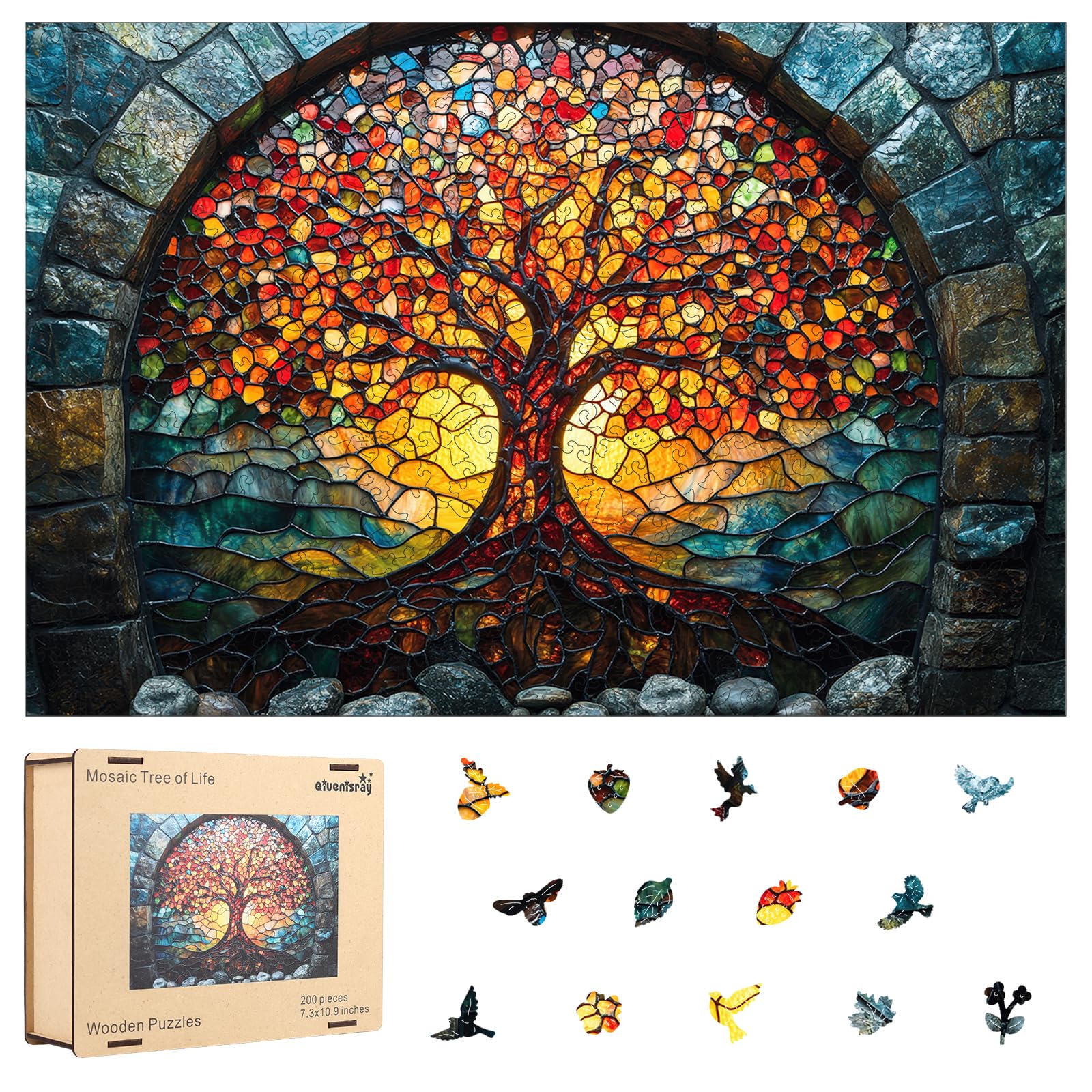 Qiuenisray Wooden Puzzles for Adults 500 Pieces, Mosaic Tree of Life Jigsaw Puzzles, Medium,Unique Shape Adult Puzzles,Irregular