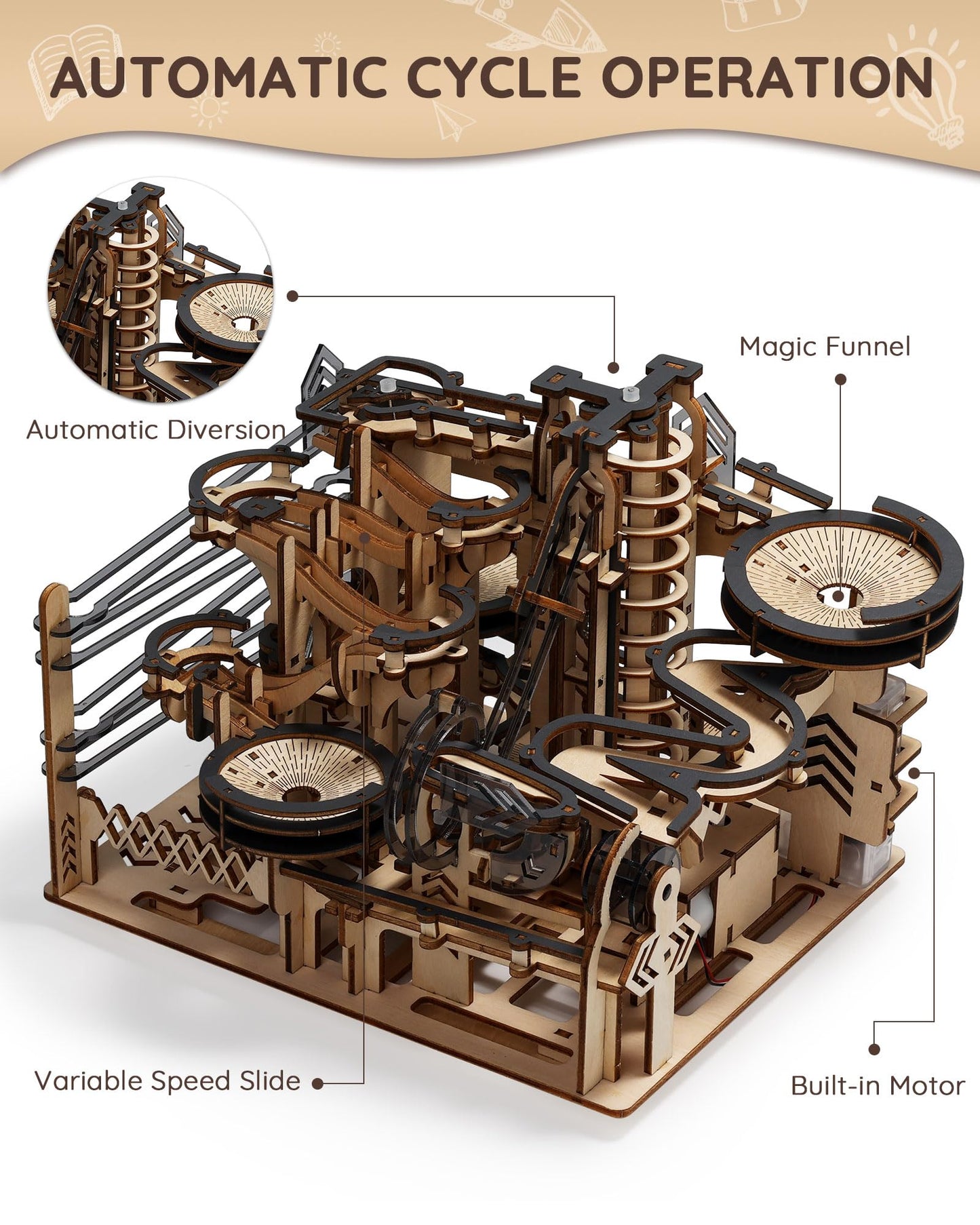 Sainsmart Jr. 3D Wooden Puzzles For Adults, Electric Marble Run Building Kit, Wooden Model Kits Spaceport, Creative Gifts For Teens Ages 14+ (Galaxy Walk)