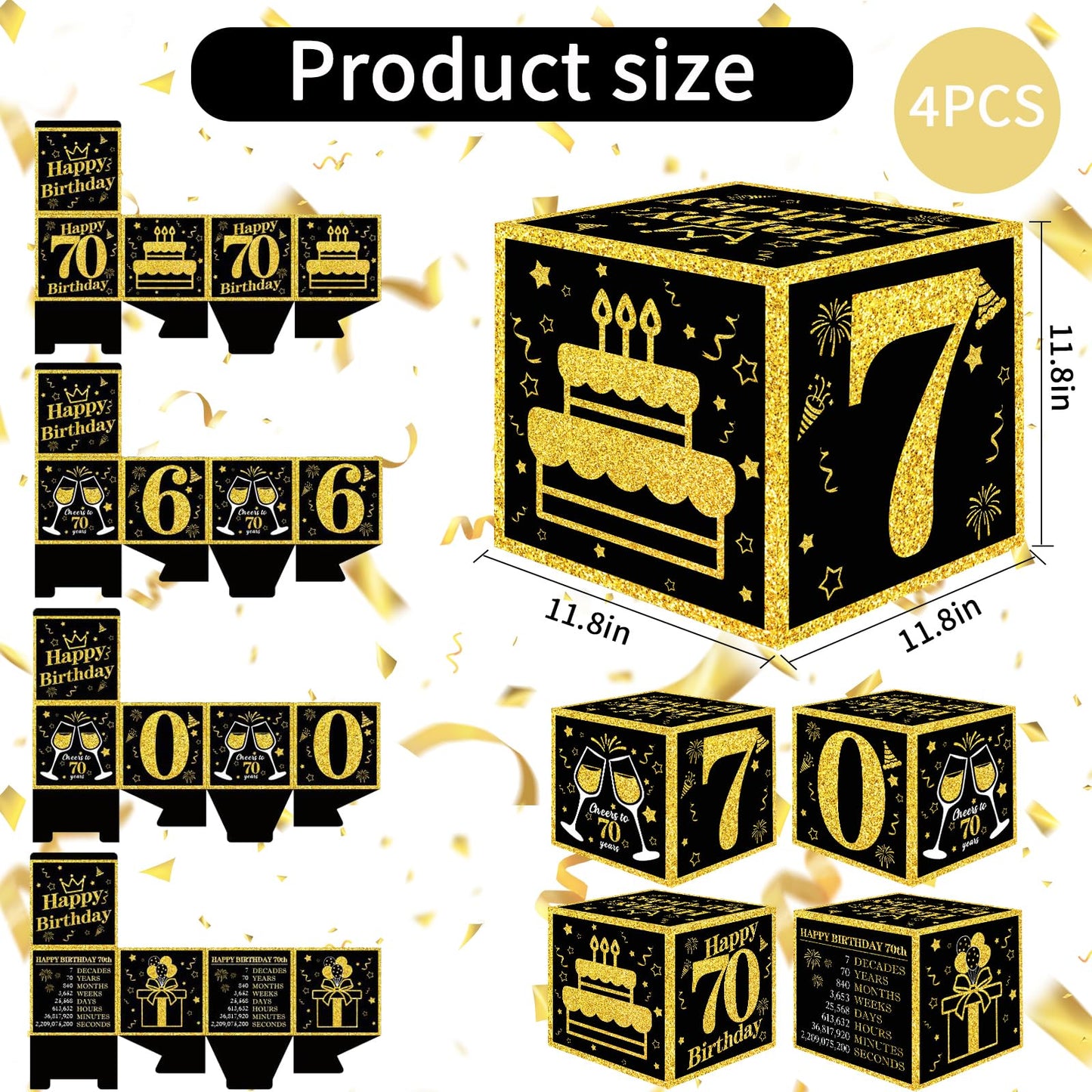 Toniful 4 Pcs 70Th Birthday Decorations Boxes For Men Women,Seventy Years Old Birthday Cardboard Box Party Supplies,Black And Go
