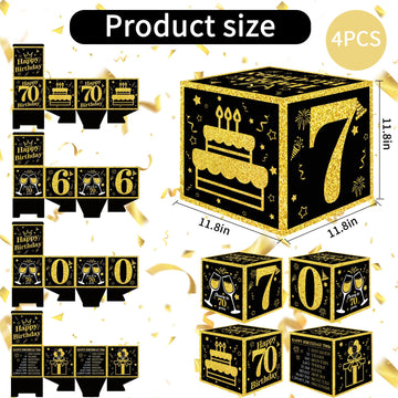 Toniful 4 Pcs 70Th Birthday Decorations Boxes For Men Women,Seventy Years Old Birthday Cardboard Box Party Supplies,Black And Go