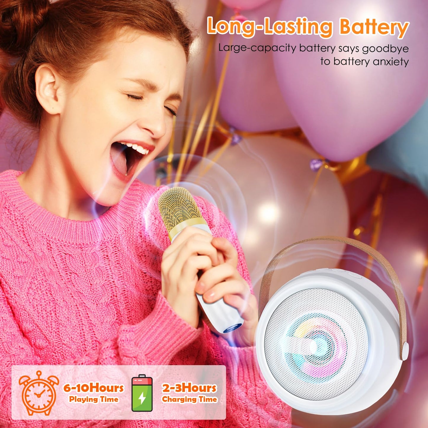 Mini Karaoke Machine For Kids, 2 Wireless Microphones & 4 Magic Voices, Led Portable Design For Indoor Outdoor Party Singing Fun
