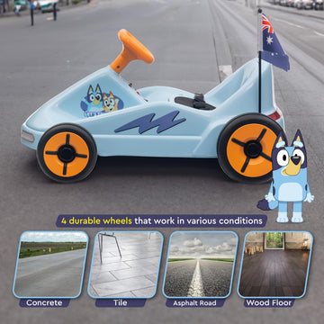 Bluey 12V Electric Go Kart For Kids, Electric Ride-On Toy With Lights, Seat Belt, Ages 3-6, Durable Pvc And Iron Construction, Rechargeable Battery, Outdoor And Indoor Fun