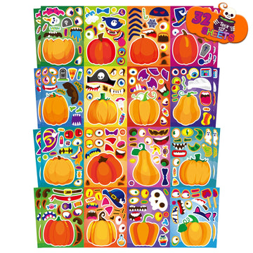 32 Sheets Halloween Pumpkin Stickers, Halloween Make A Face Stickers For Kids, 16 Different Pumpkin Designs, Make Your Own Hallo