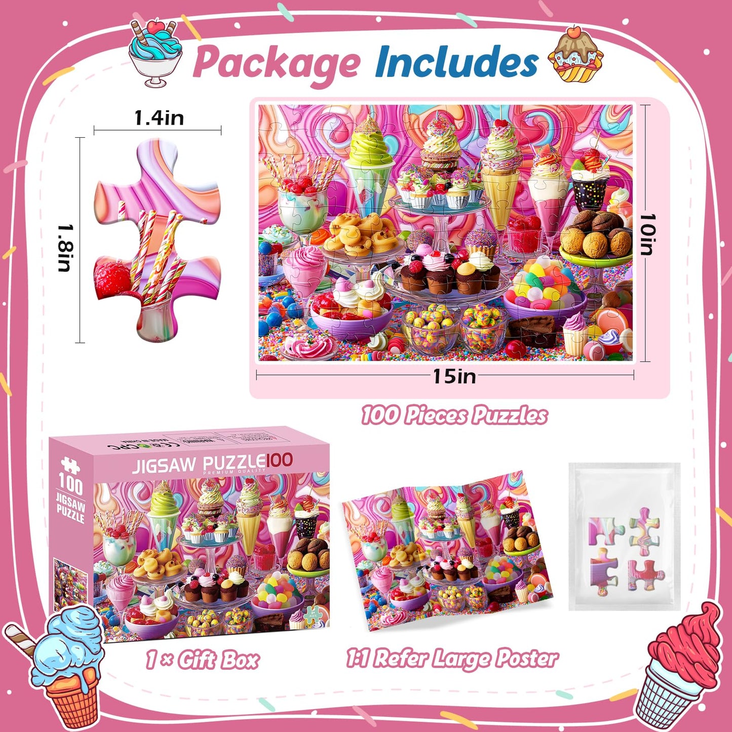 Puzzles for Kids Ages 4-8 100 Piece Puzzles for Kids Ice Cream Puzzle for Kid Ages 4-6 6-8 8-10 Large Piece Jigsaw Puzzle for Children Senior mature-themed Educational Puzzle Toys Preschool Birthday Gifts