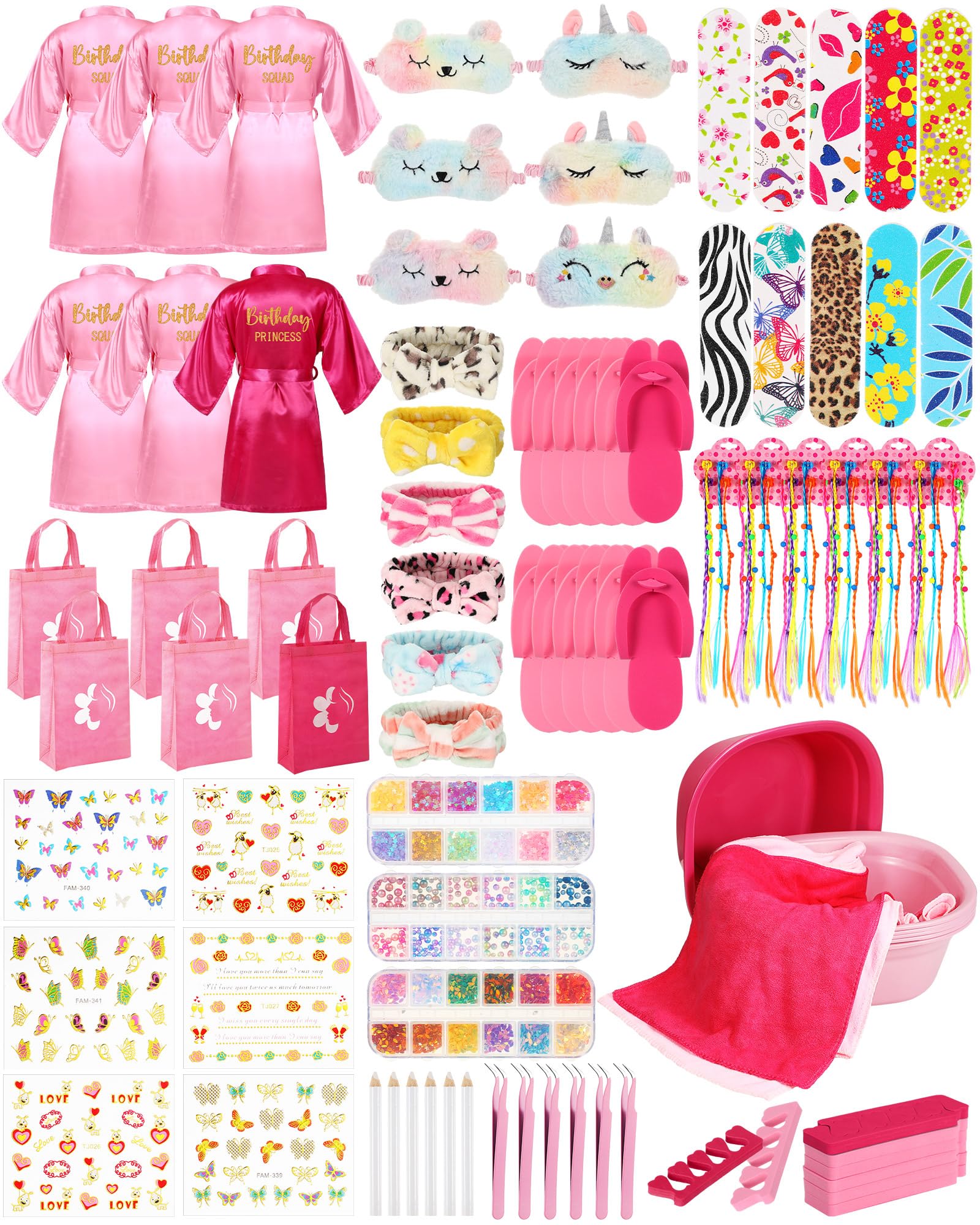 Suhine 6 Set Spa Party Supplies for Girls, Kids Satin Robes Nail Salon Kit Spa Kit Accessories for Birthday Party Favors (Elegan