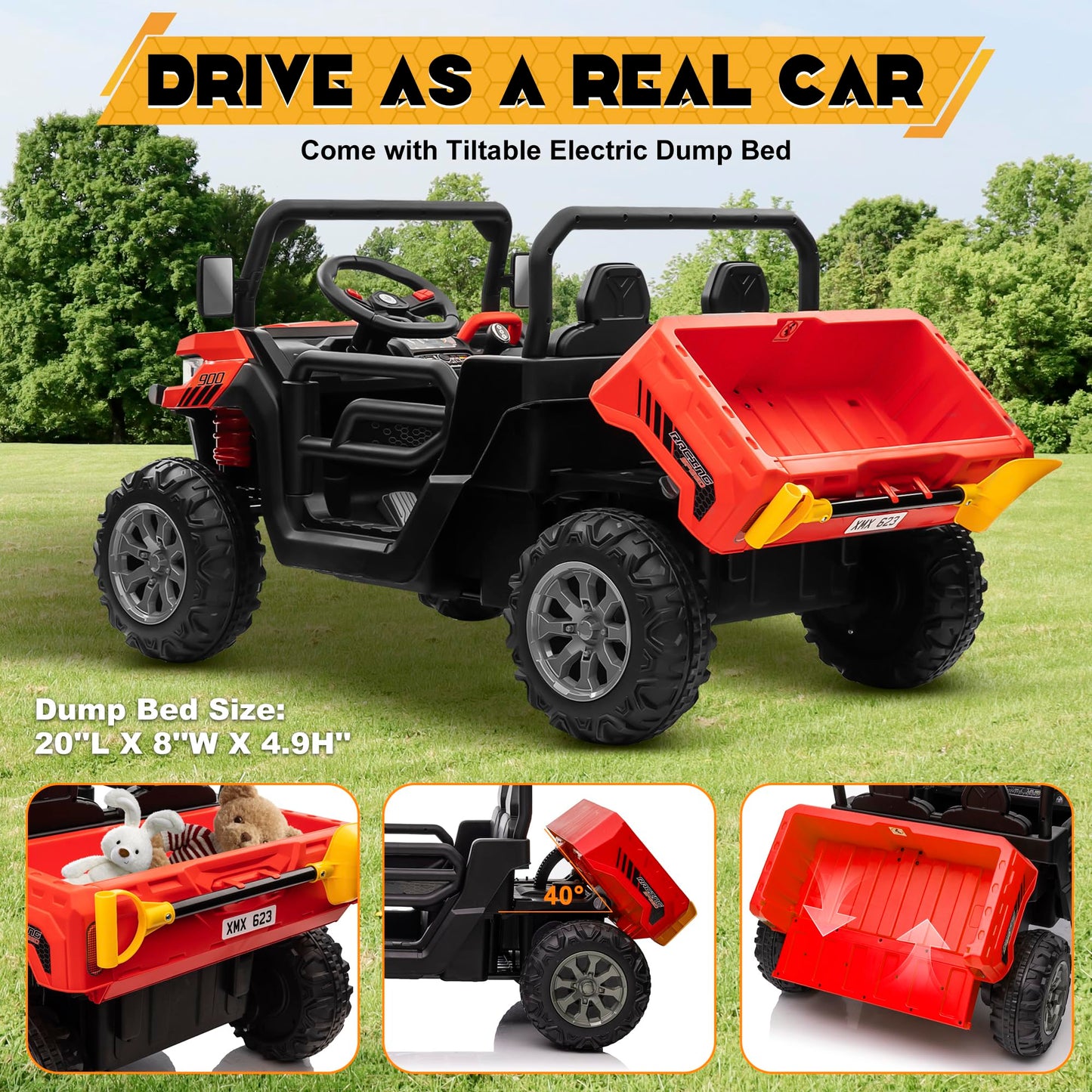 JOYRACER 24V 4WD Ride on Car, 2 Seater Dump Truck w/4X200W Motor, Gift Flower, 2.4G Remote Control, 4 Wheeler, Bluetooth Music,