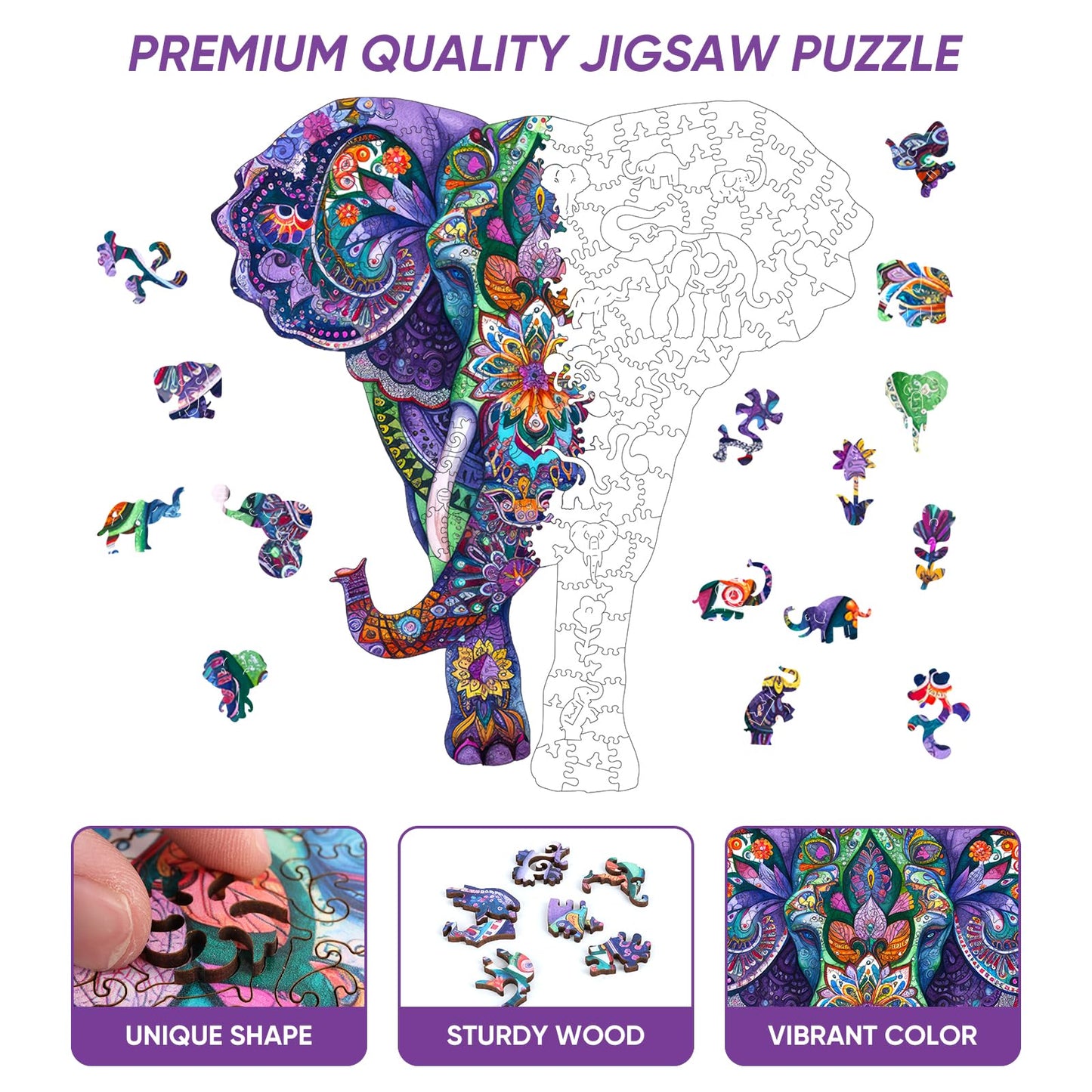 Qiuenisray Wooden Jigsaw Puzzles-Elephant 200pcs 12.4x11.4in Medium Wooden Puzzles for mature-themeds Unique Shape Animal mature-themed Puzzles Irregular Wood Puzzles Best Gift for mature-themeds and Kids Family Game