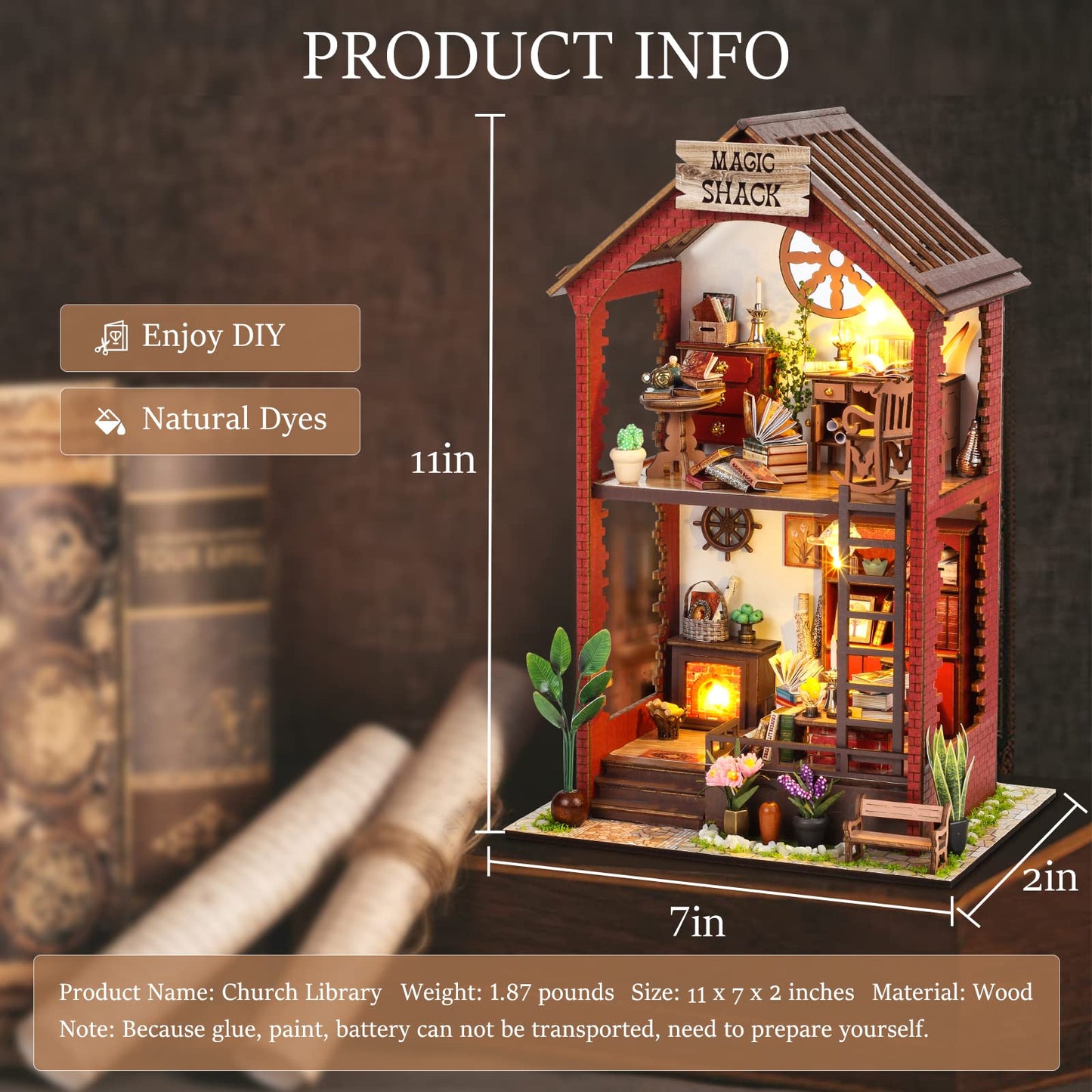 RONSTONE DIY Book Nook Kits Booknook-Creativity 3D Wooden Puzzle Bookend Bookshelf Decor -Booknook Kit for mature-themeds Miniature House Dollhouse Kit with LED Light Crafts for mature-themed