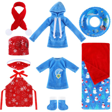 9 Pieces Christmas Elf Doll Accessories Set Include Elf Sleeping Bag Scarf Mask Shirt Hoodie Shoes Apron Chef Hat Swim Ring Fit 